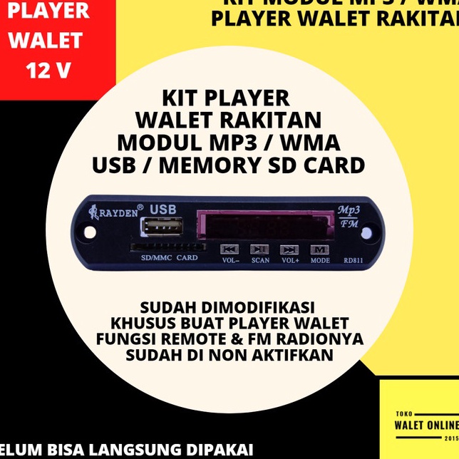 MODUL KIT MP3 PLAYER WALET KHUSUS AMPLI RAKITAN NO REMOT NO FM RADIO
