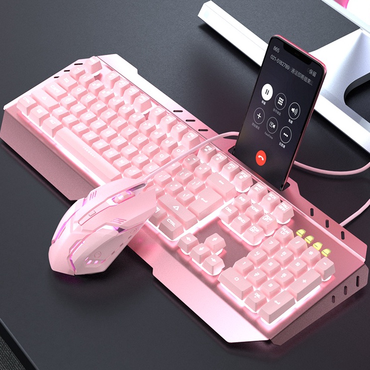 Jual Pink Girl Cute Backlight Gaming Keyboard dan Mouse Combo Mechanical Feel Mekanikal external Gam