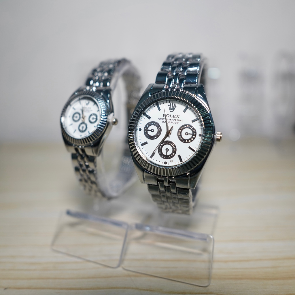 (JAM TANGAN GROSIR) JAM TANGAN COUPLE ROLEX TALI RANTAI WANITA & PRIA (WHITE SILVER)