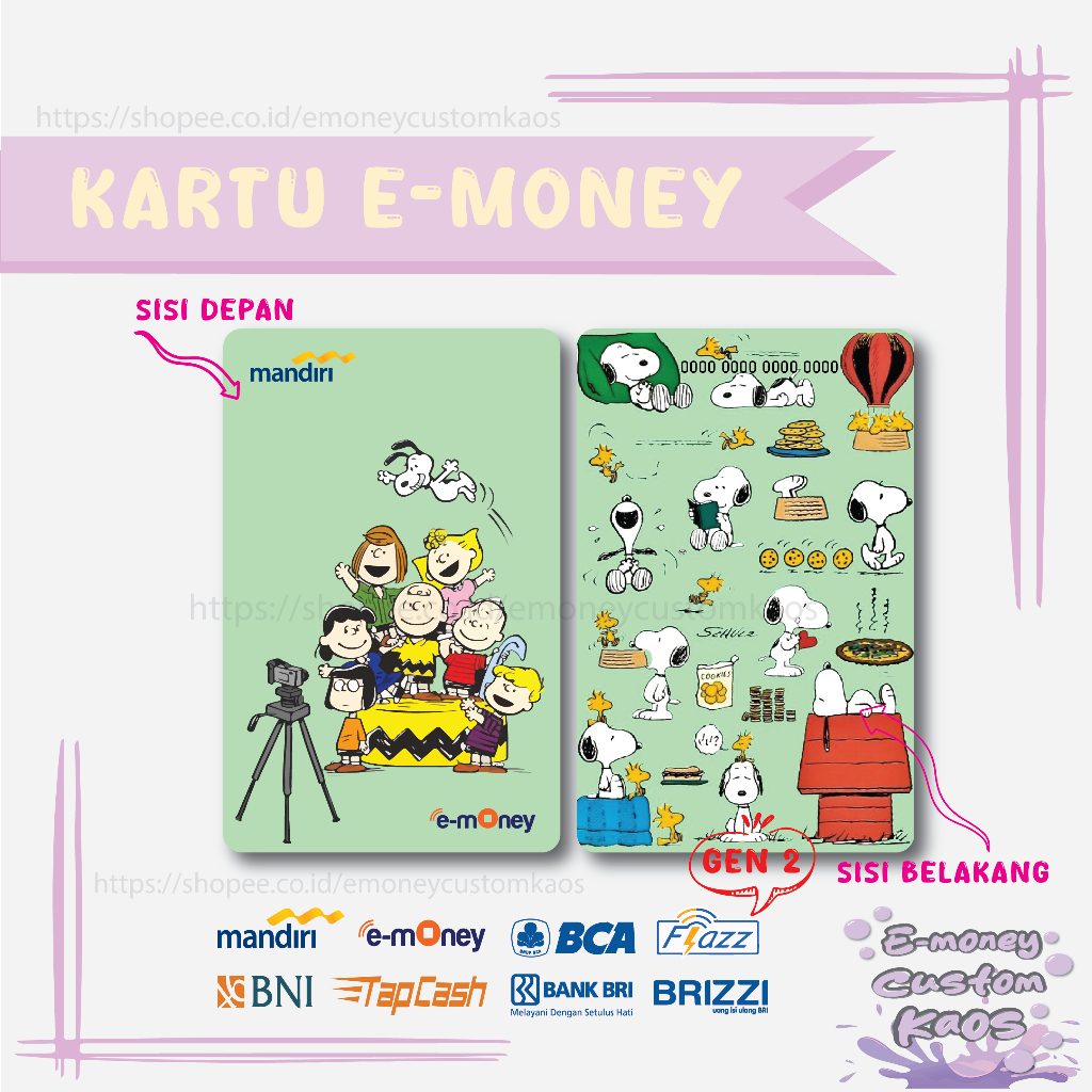 KARTU EMONEY SNOOPY FRIENDS ANIME MANDIRI FLAZZ BCA GEN 2 BNI TAPCASH BRIZZI BRI - 2 SISI