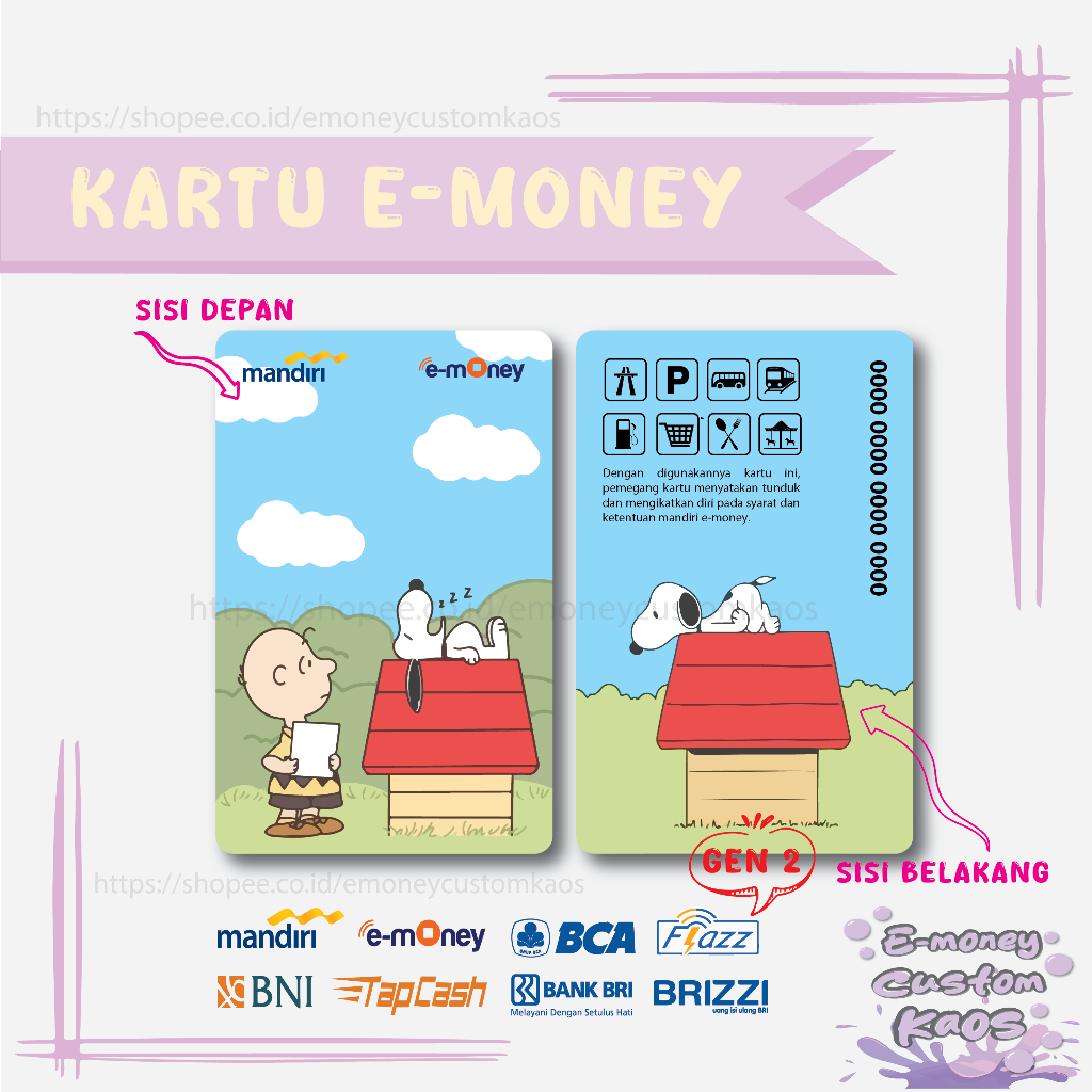 KARTU EMONEY SNOOPY ADN CHARLIE ANIME MANDIRI FLAZZ BCA GEN 2 BNI TAPCASH BRIZZI BRI - 2 SISI