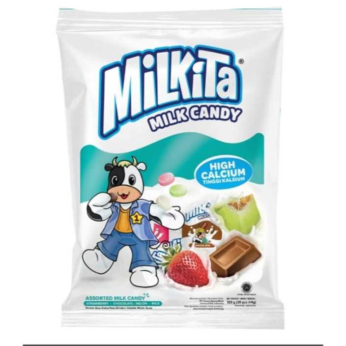 

ED Mei 2026 Milkita Assorted Milk Candy Strawberry ,Chocolate,Melon,Milk 1 Bag Isi 30pcs @4gr