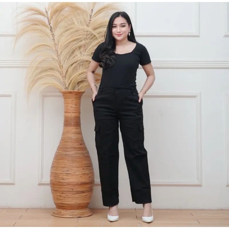 Celana wanita  kulot Cargo Pant Highwaist cotton Bahan twill Bengalin Stretch Impor ukuran standar J