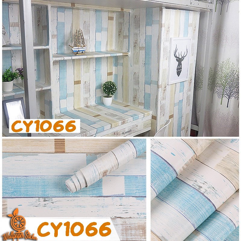WALLPAPER STIKER PREMIUM 45CM X 10M MOTIF KAYU BIRU CREAM CY1066