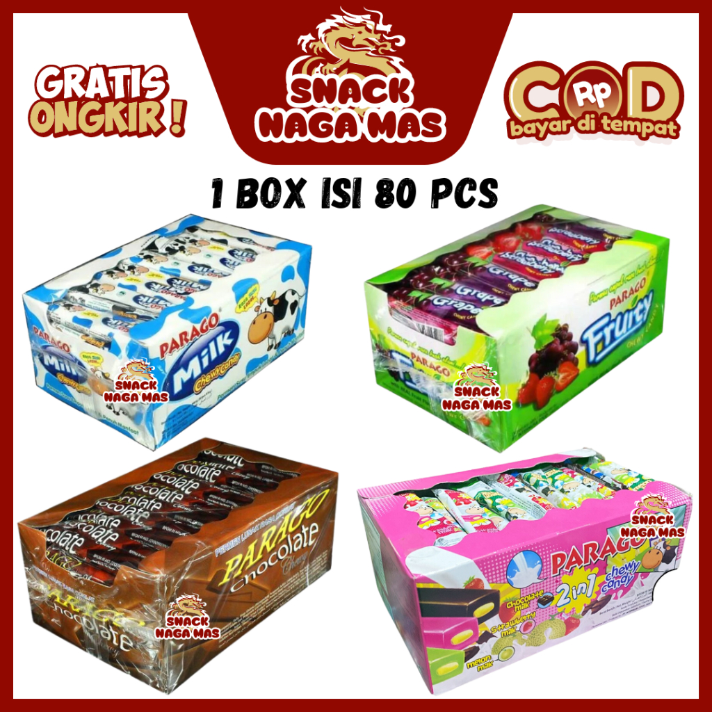 

PERMEN LUNAK CHEWY PARAGO ANEKA RASA SUSU, COKLAT, DAN BUAH 2IN1 [1 BOX ISI 80]