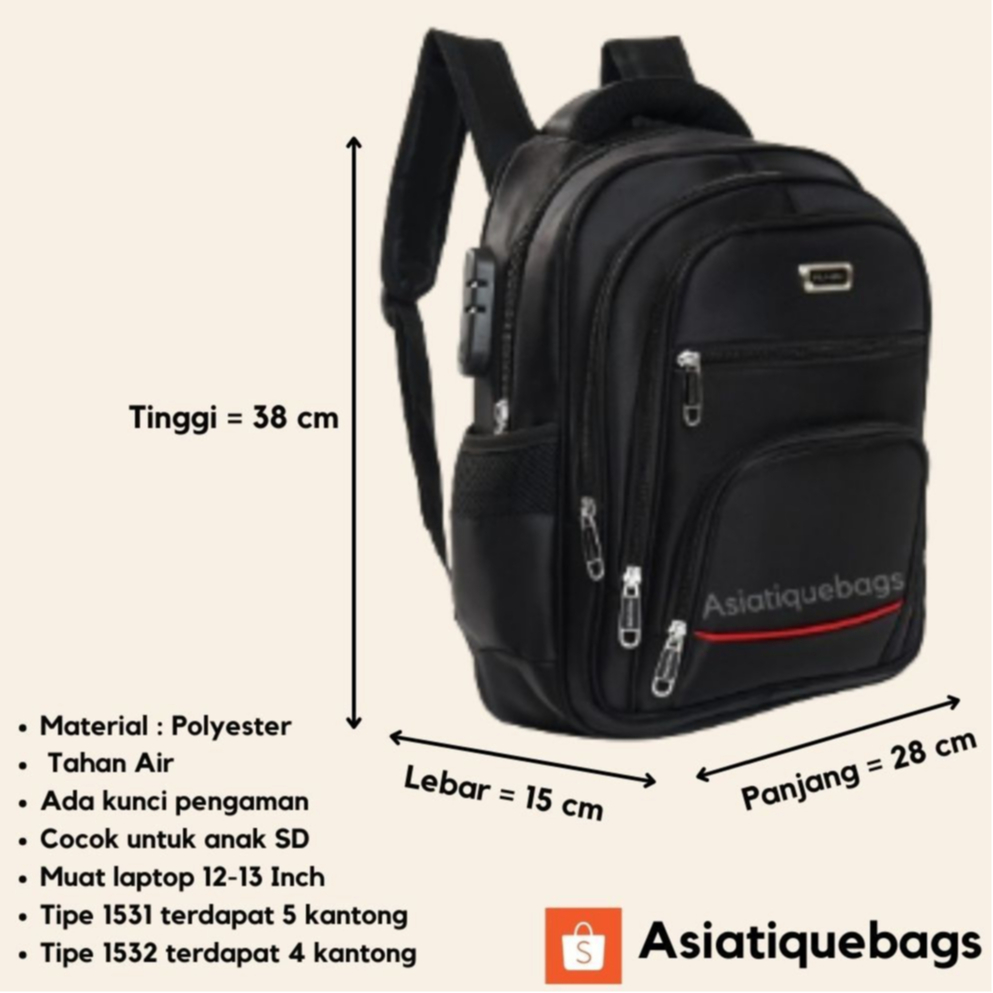 100% AMAN Tas Ransel Pria 15 Inch POLO GIVES- Gratis Raincover, Kabel USB, dan Kunci Tas
