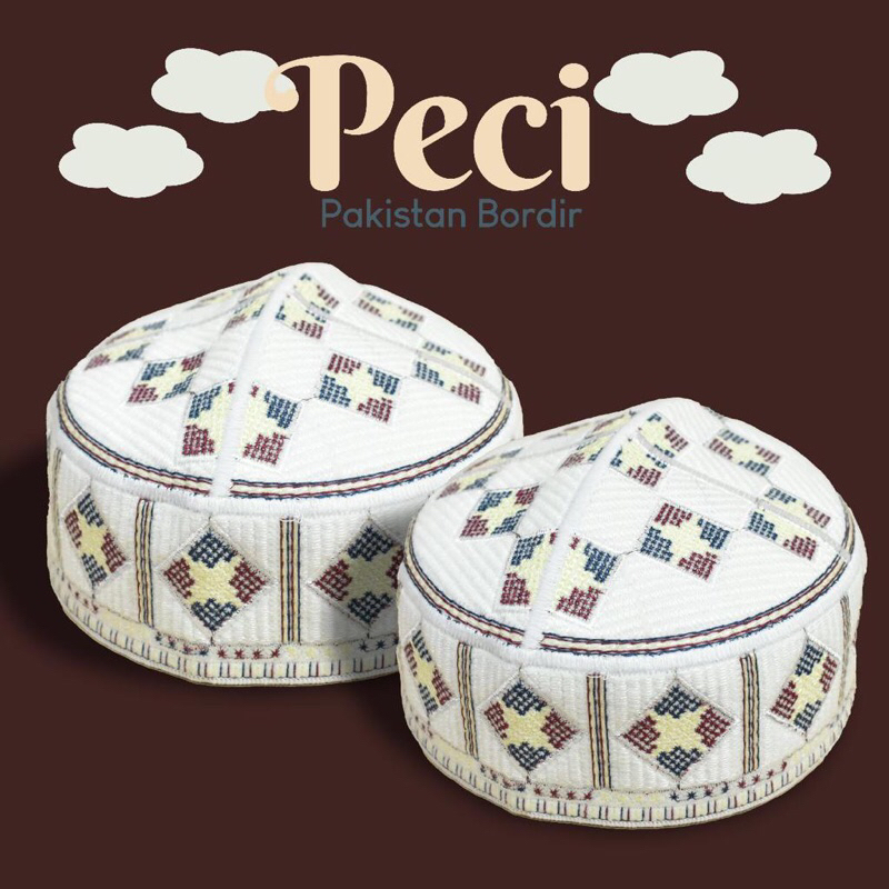 Peci kopiah pakistan putih motif bordir