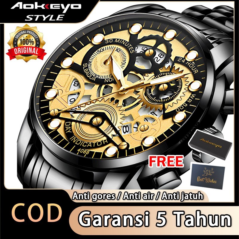 AOKEYO 4088 COD Jam Tangan Pria Anti Air Original Luxury Stainless Steel Free Box And Kartu Garansi