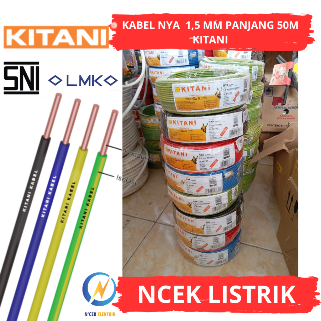 KABEL LISTRIK NYA 1,5mm KITANI KAWAT TUNGGAL 1 ROLL 50meter