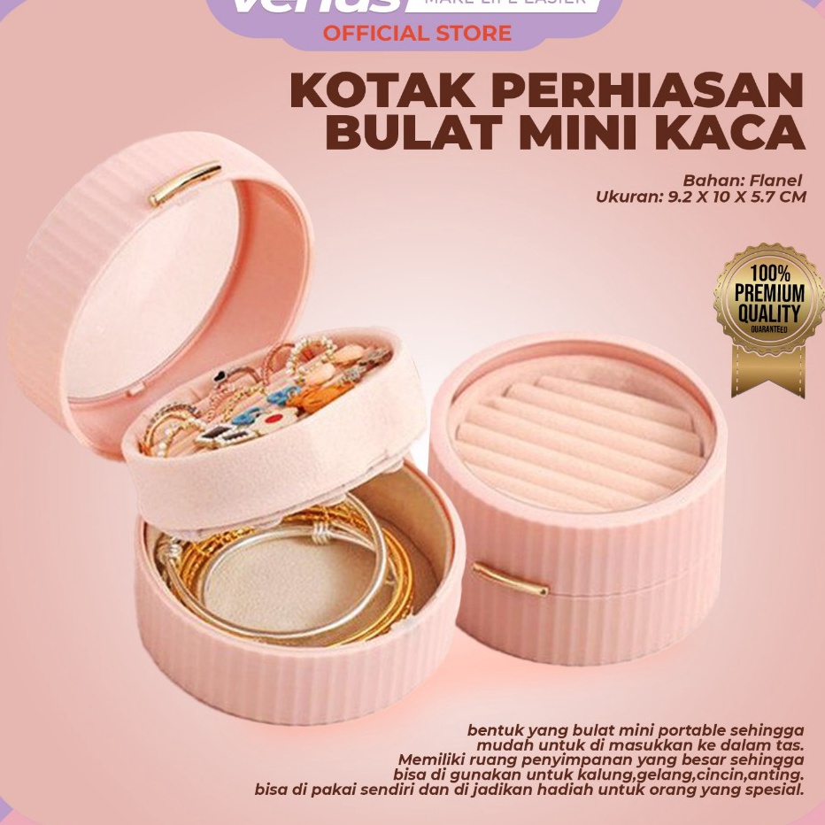 Terlaris VENUSJKT  Kotak Perhiasan Bulat Mini Travel Jewelry Box Penyimpanan Kalung Gelang Emas Anti