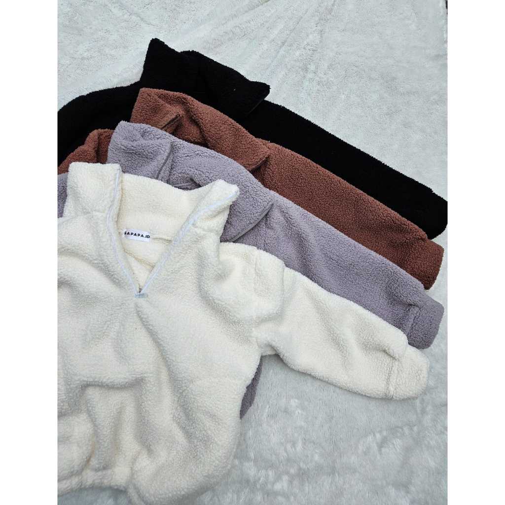 Sweater Half Zipper Sherpa Bulu Domba - Pakaian Wanita