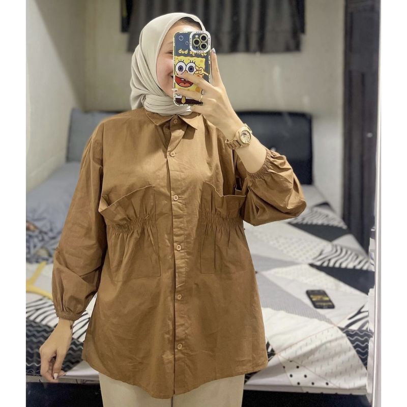 Cantika Top Atasan Wanita Kemeja Casual Oversize Variasi Kantong Kerut Linen Crinkle