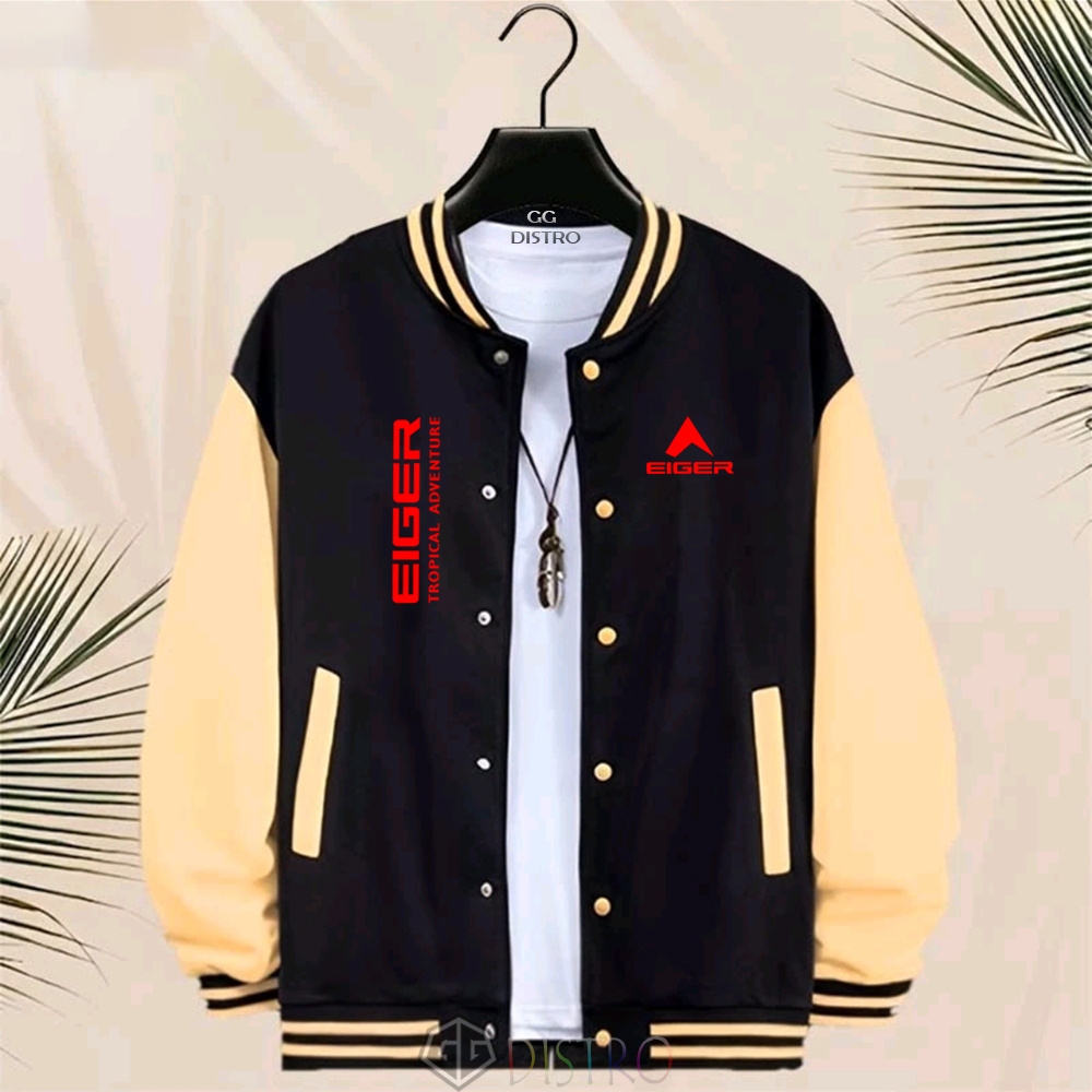 COD - Jacket Unisex Baseball Kancing Jacket Varsity Mager Tropikal Text Red Jacket Pria Print