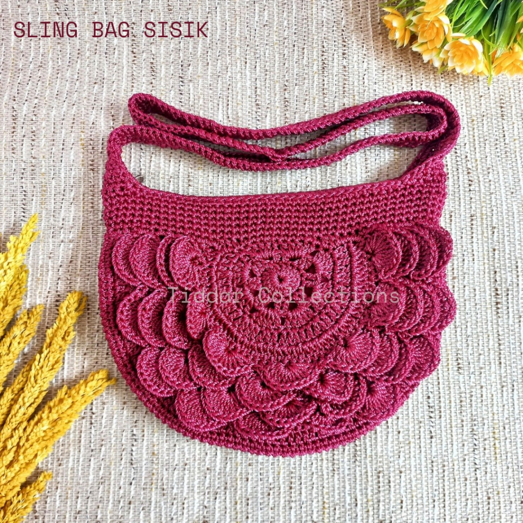 Tiddar Tas Rajut Wanita Selempang Premium Diameter 25 cm Benang Nilon Sling Bag Motif Sisik Terbaru 