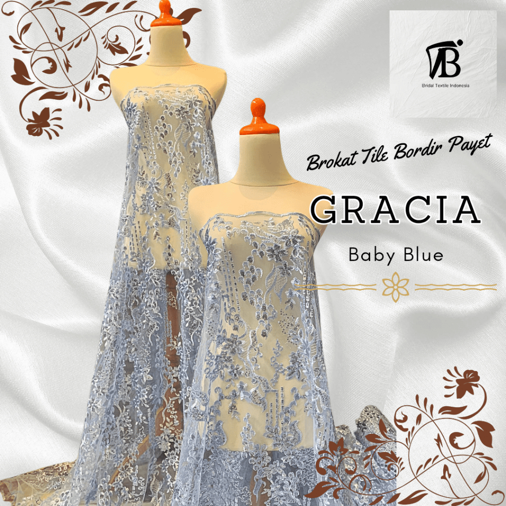Setengah Meter Kain Brukat Brokat Tile Tulle Payet Bordir Gracia Bahan Kebaya Warna Ice Baby Blue Bi