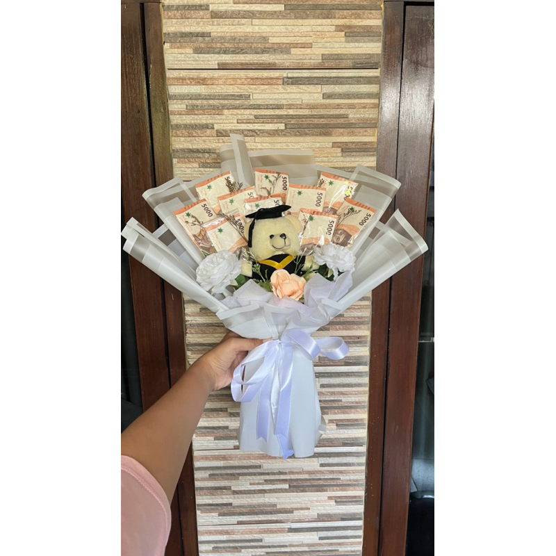 buket wisuda boneka + asli + bunga