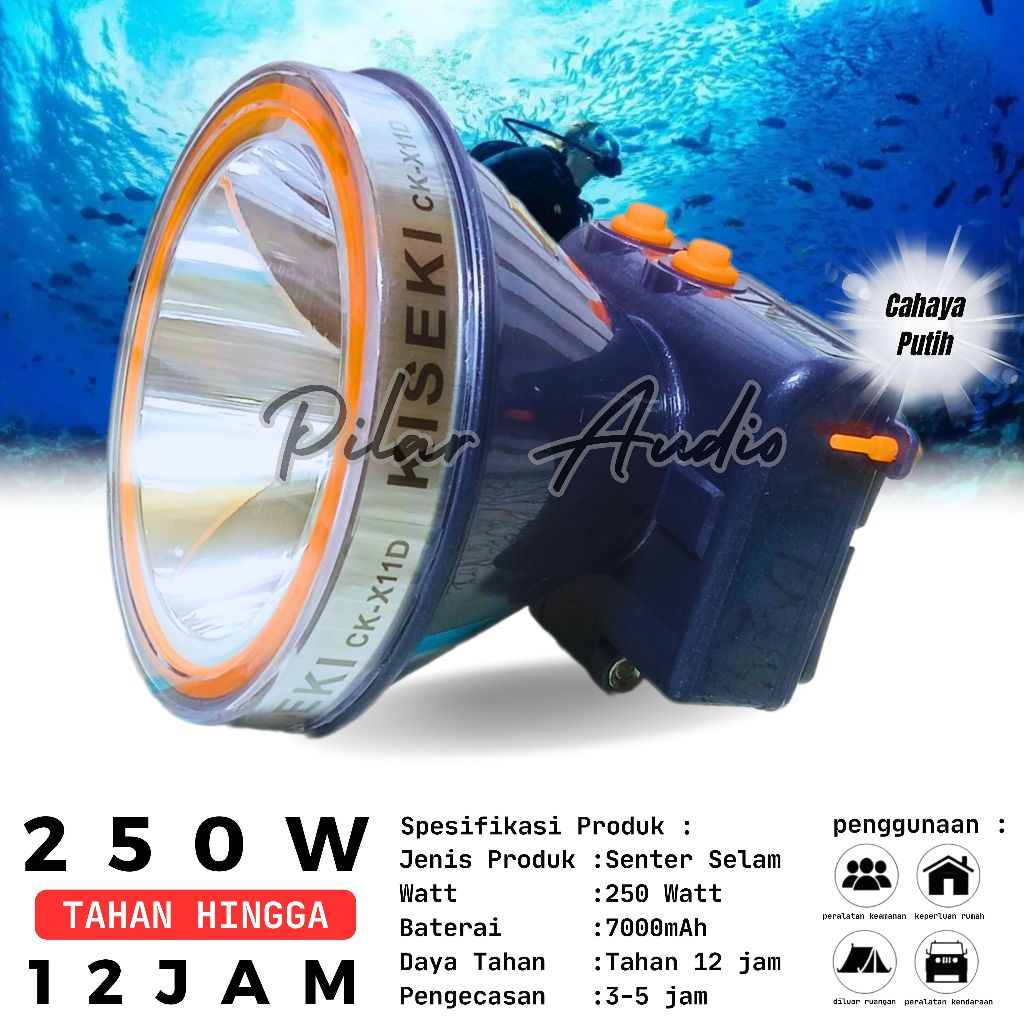 Senter Kepala Selam Diving 250 Watt Kiseki CK-X11D | Head Lamp Diving 250W Cahaya putih Free Kacamat