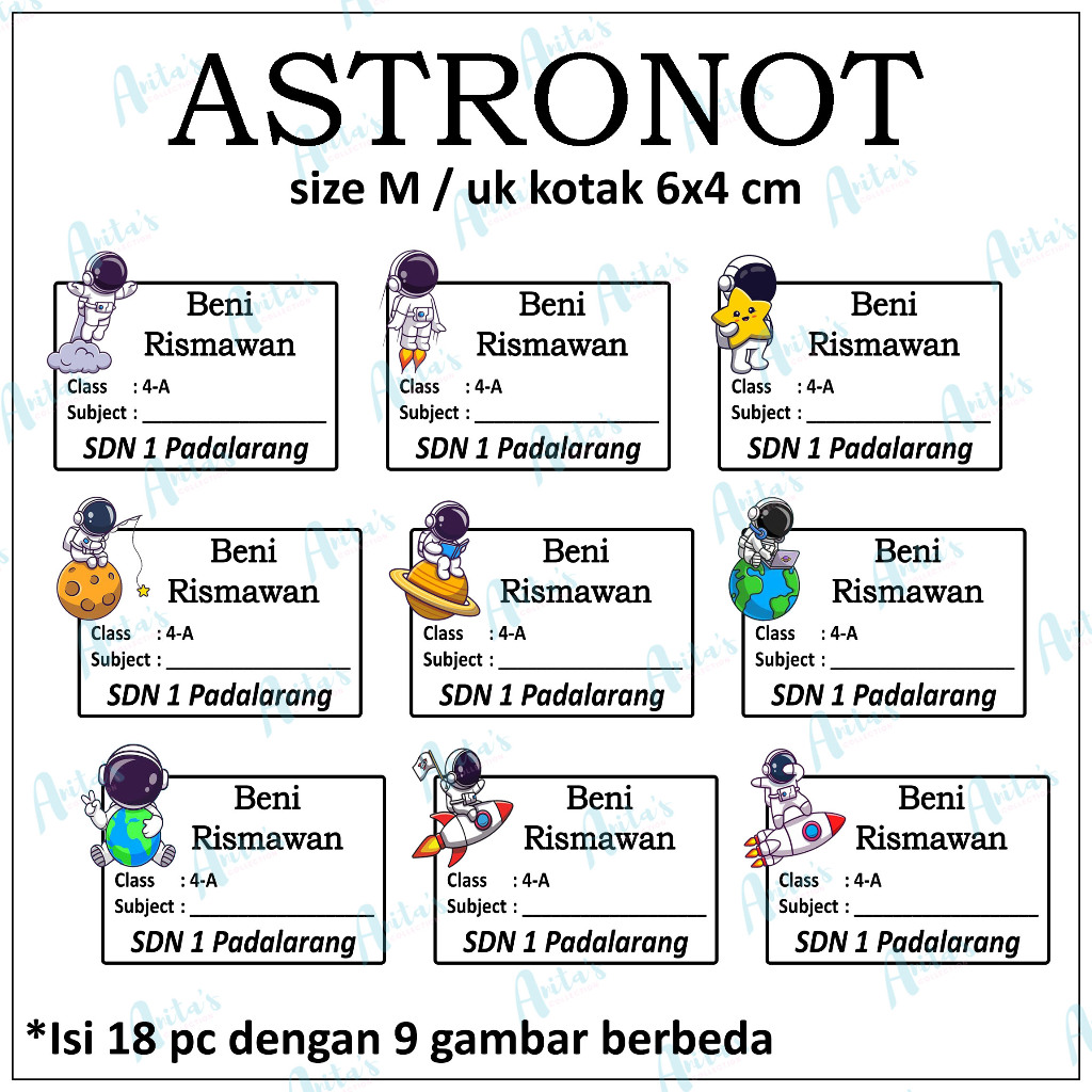

18pc STIKER NAMA BUKU PELAJARAN ANAK SEKOLAH tema ASTRONOT | size M / 6x4 cm | CUSTOM
