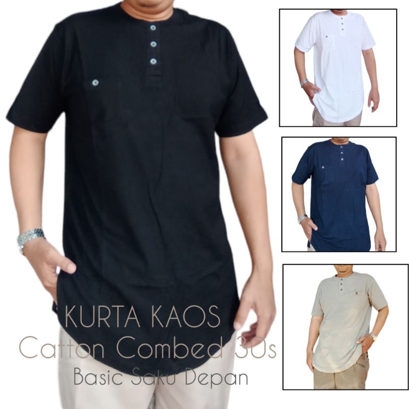 Pakian Muslim Atasan Koko Kaos Kurta Tangan Pendek Saku Depan Dewasa Pria