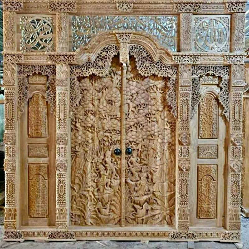 pintu gebyok jawa/pintu utama motif ukir ful relif ramayana kayu jati