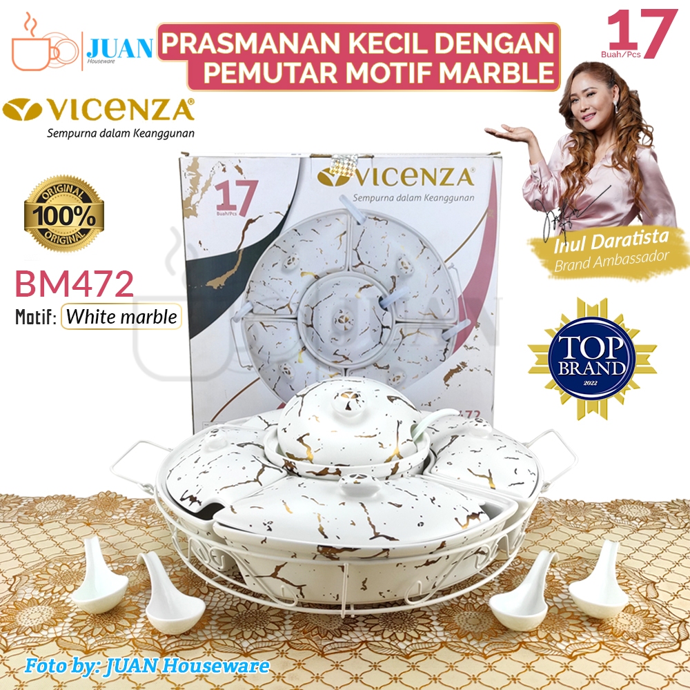 VICENZA 17pcs wadah saji bulat kecil keramik motif white marble + rak pemutar / prasmanan putar kera
