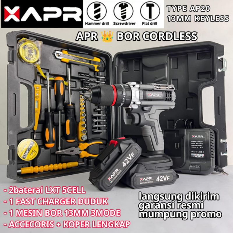 APR Bor baterai AP20 bor cordless drill impact 13mm keyless chuck bor beton besi kayu bara ringan