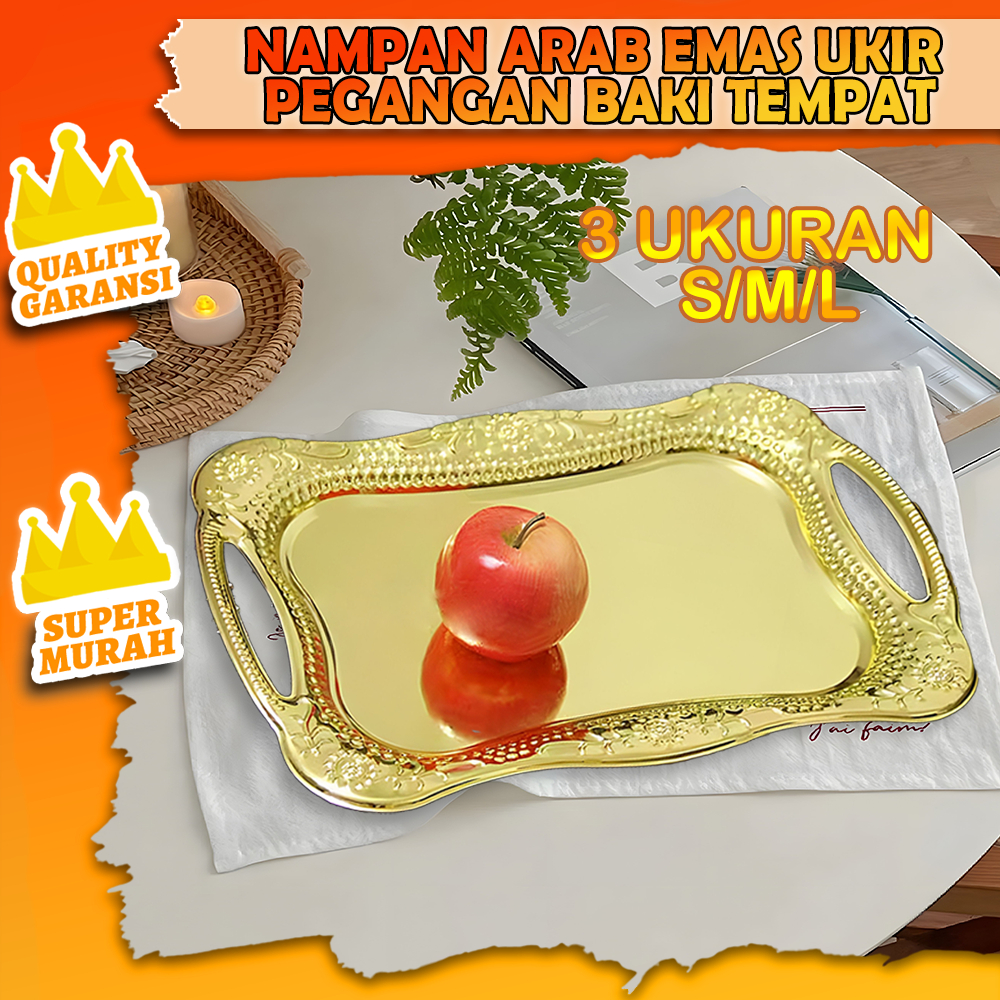 Anna Nampan/ Baki Arab Emas / Baki Stainless Steel Nampan Arab Emas Ukir Pegangan Baki Tempat Makana