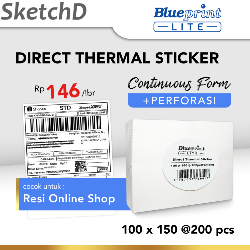

Label Stiker Resi Kiriman Direct Thermal Lite 100 x 150 mm 200pcs Blueprint