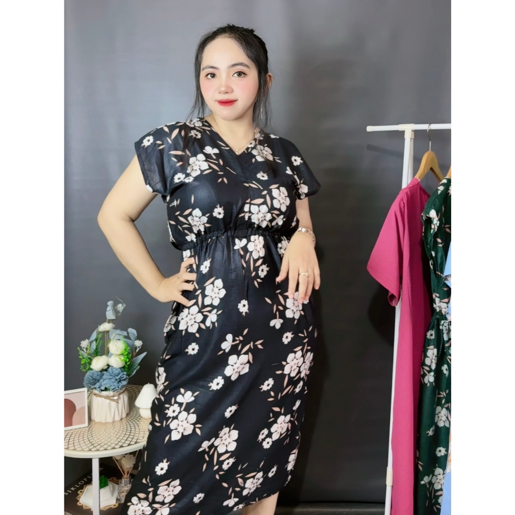 Dress Manohara Daster Manohara Panjang Selutut Motif Bunga Daster Serut Pinggang