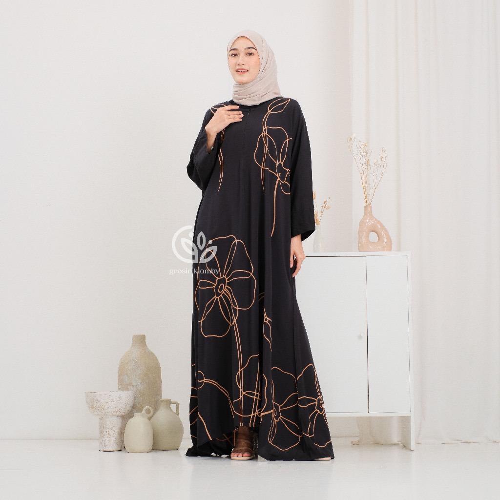 Kaftan Wanita - Daunda Kaftan Size Jumbo XXXXL Motif Daun Lengan Panjang Busui Resleting by Nadira_Fashion / Gamis Rayon Jumbo Kaftan Terbaru-bandung black
