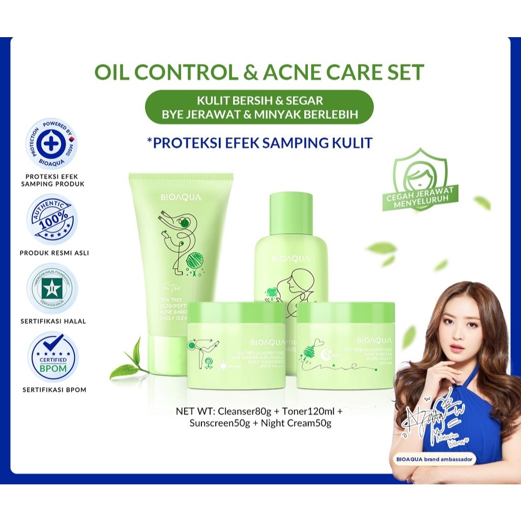 BIOAQUA 4pcs Skincare Paket Tea Tree  Acne Set With Cleanser / Toner / Sunscreen / Night