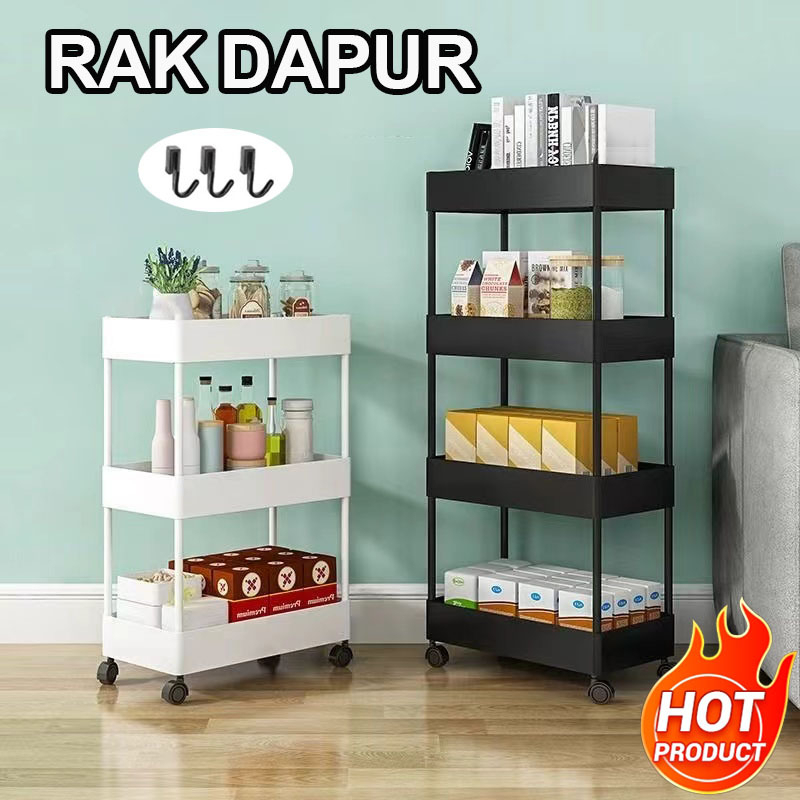 Rak Kosmetik Serbaguna 4 Susun Warna Hitam & Putih - Rak Susun Dapur Troli Kamar Mandi Roda 4 Dorong