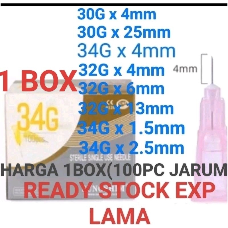 (1 BOX) isi 100pc jarum meso jarum 34G 32G 30G disposable needle jarum meso 34Gx4mm jarum 30G x 4mm 