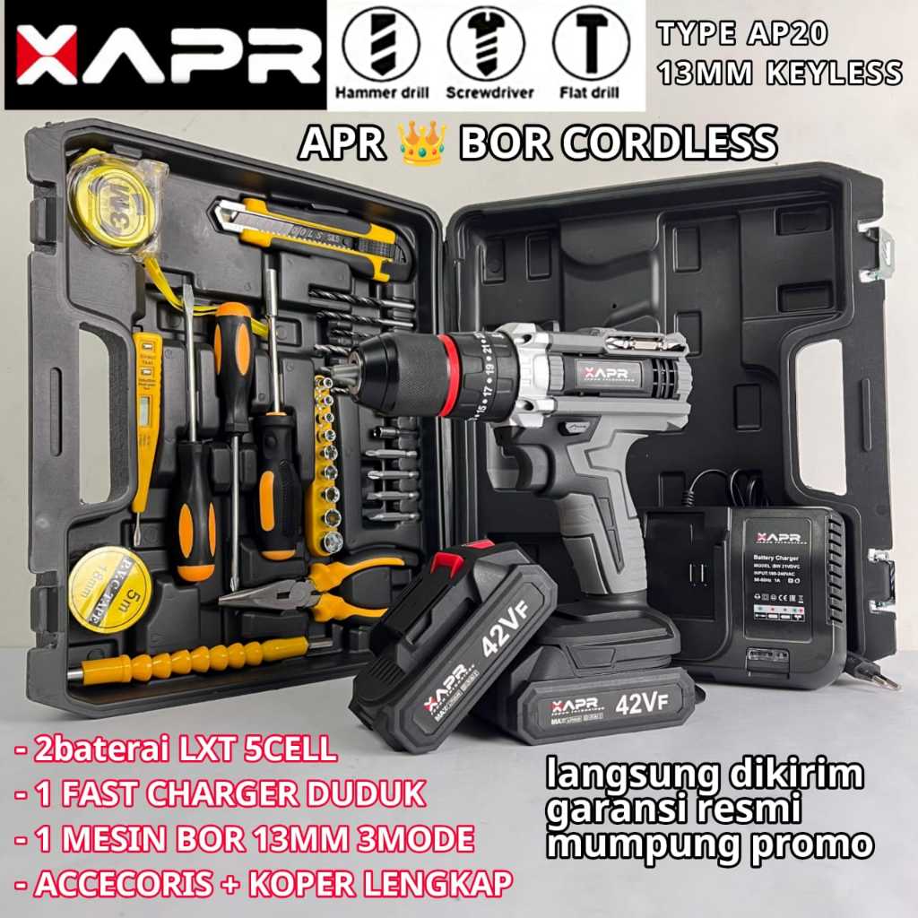 APR Bor Cordless Type AP20 Mesin Bor Baterai Drill Impact 13mm 42Vf 2 Baterai Keyless Chuck Auto Loc