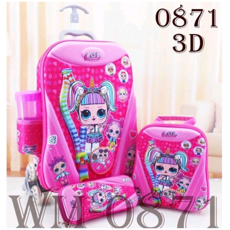 PRELOVED Tas Troli Anak Perempuan Timbul 4in1 LOL TK SD Pink