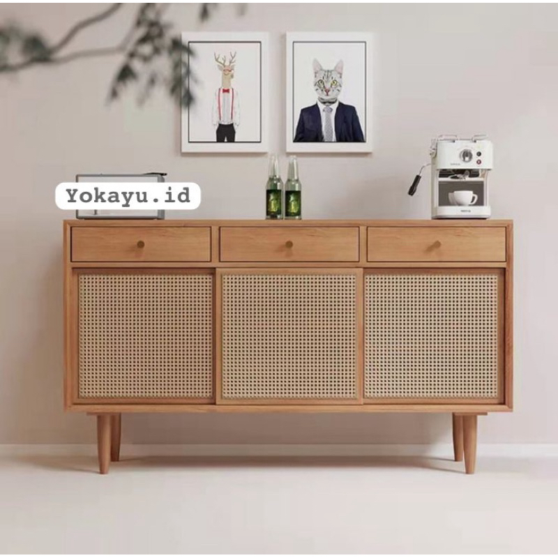 KABINET ROTAN MINIMALIS 3 PINTU SLEDING MODERN KAYU JATI TPK PERHUTANI MERAH | Yokayu.id
