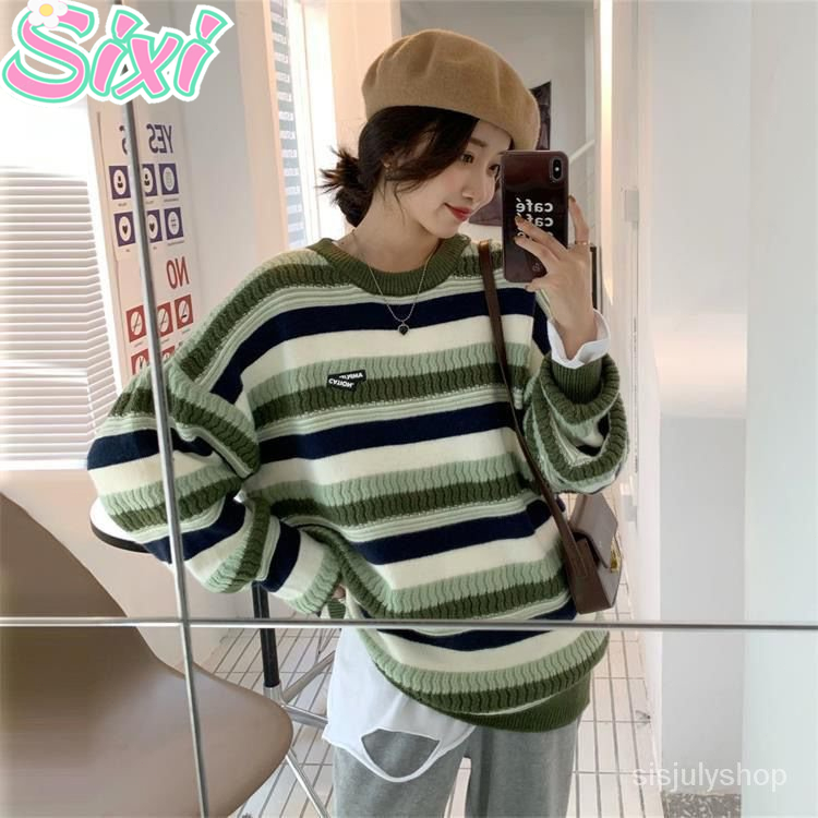 SIXI Ready Jakarta Wanita Rajut Sweater Wanita Musim Gugur Dan Musim Dingin Pakaian Luar Longgar Dig