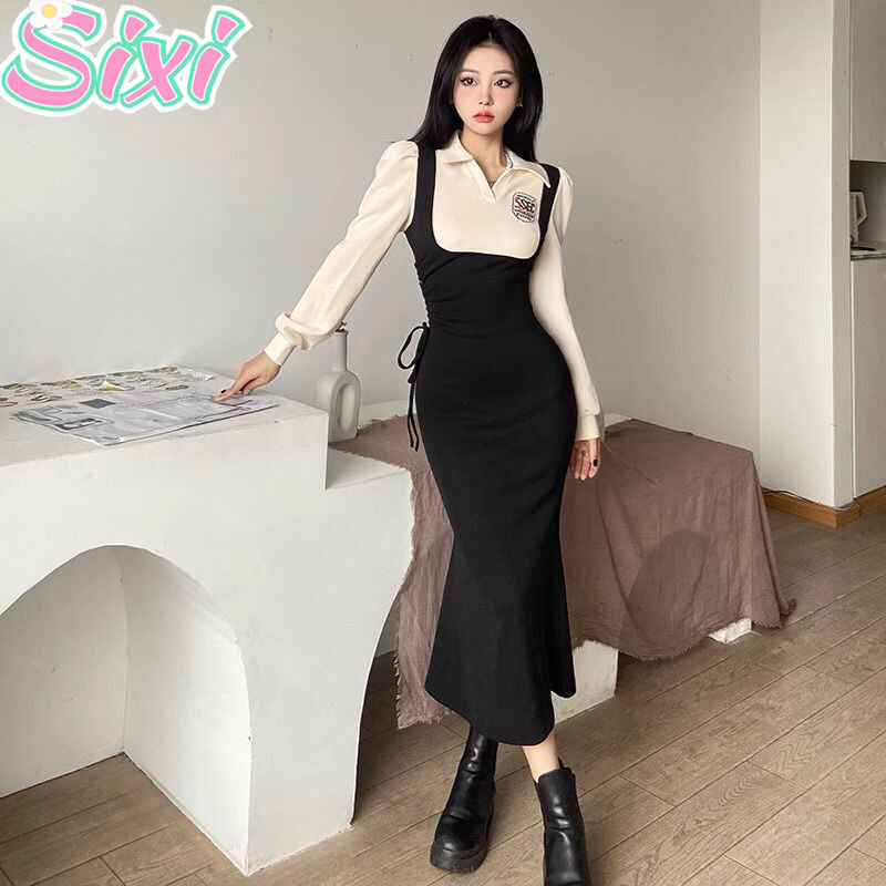 SIXI Dress Hijab Friendly Style Polo Dress Korean Style Baju Kondangan Wanita Kekinian Dress Hitam D