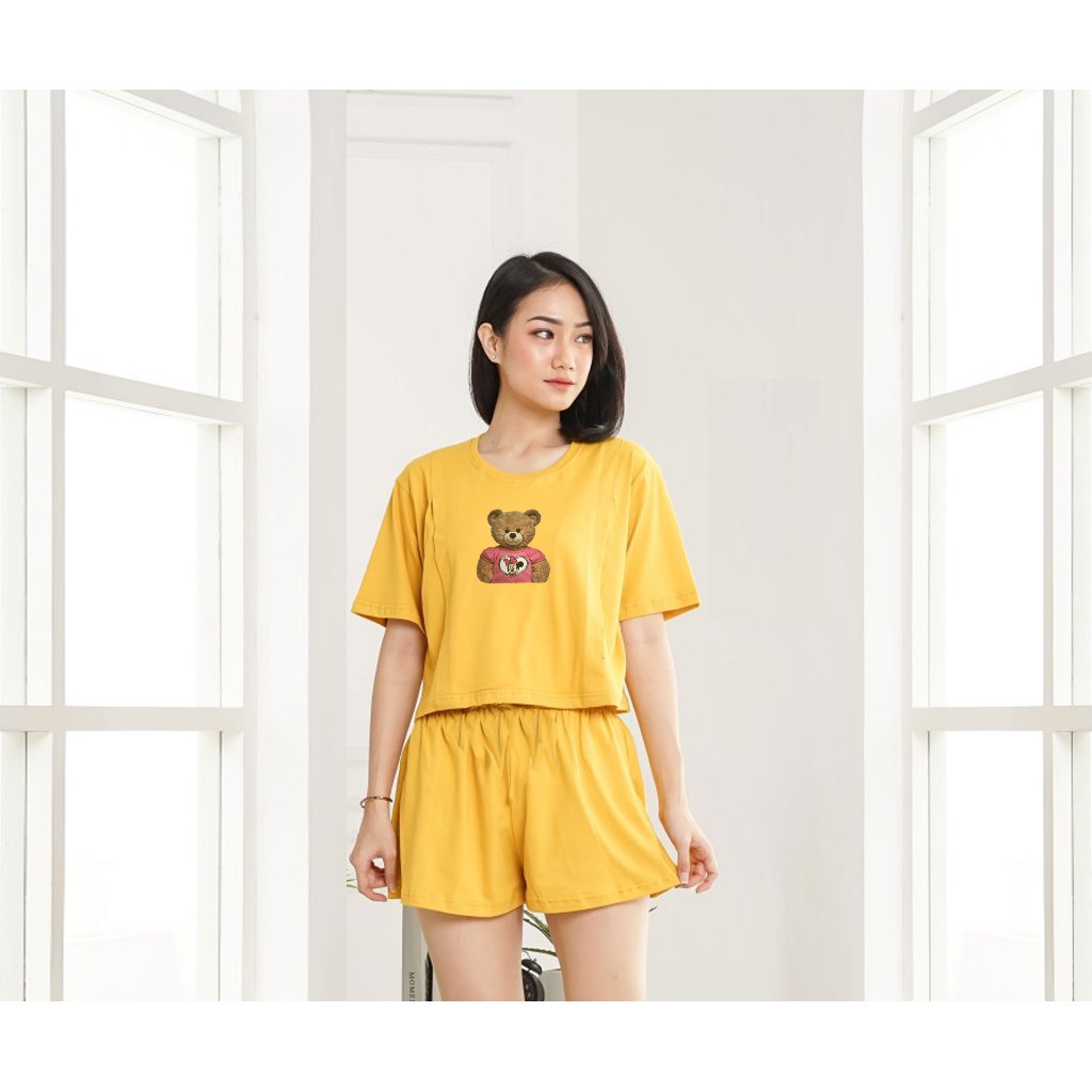 Setelan Wanita Crop Top Set Lengan Pendek dan Celana Pendek BEAR MICKY Setelan Wanita Baju Kaos