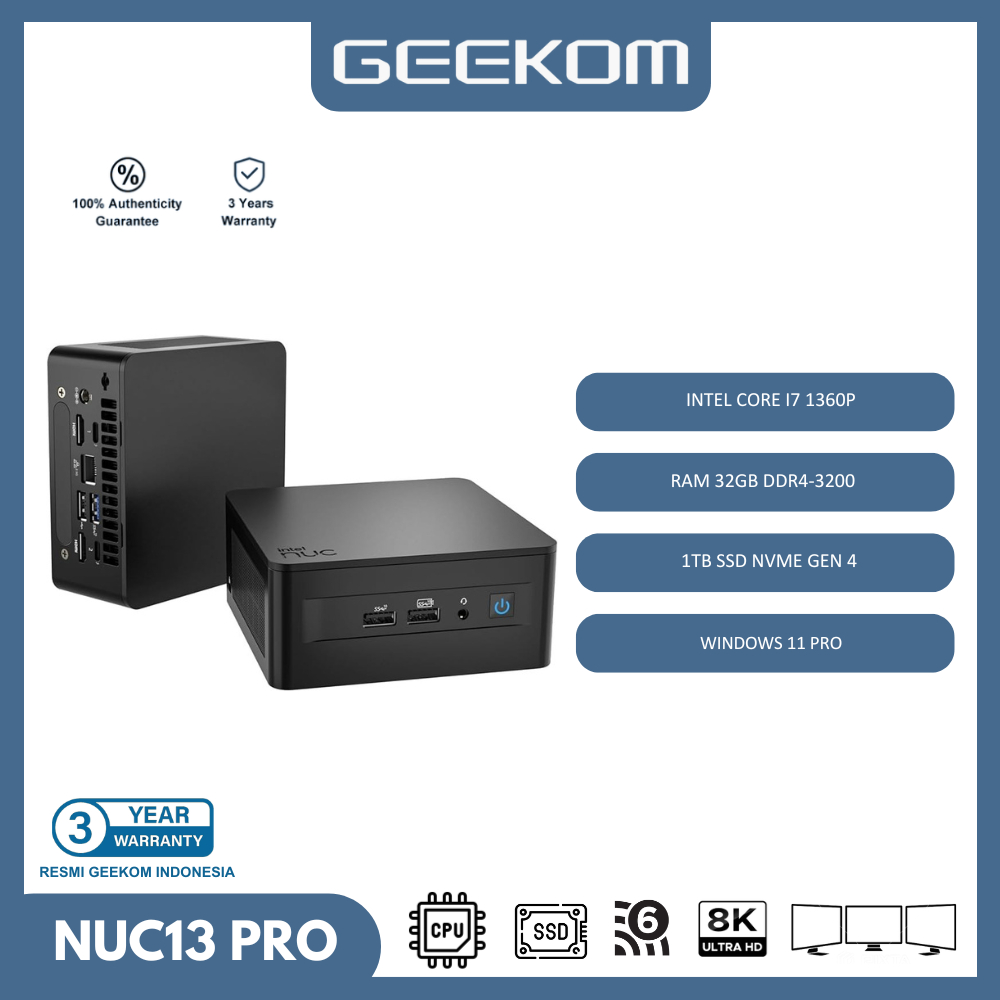 Geekom Mini PC NUC13 Intel i7 1360P RAM 32GB 1TB SSD NVME Windows 11 Pro