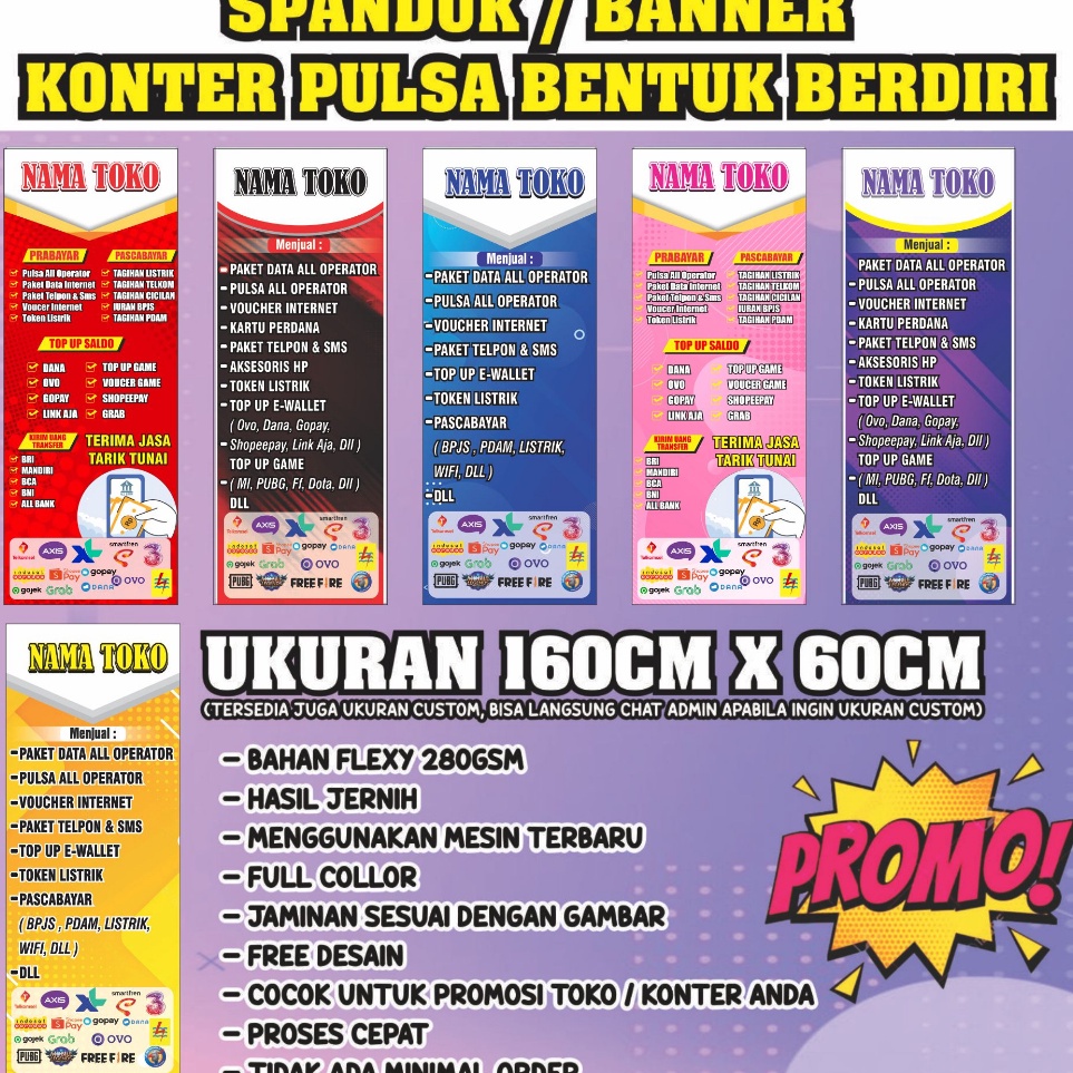 Beli Diskon BANNER KONTER PULSA BENTUK BERDIRI UKURAN 6CM X 16CM