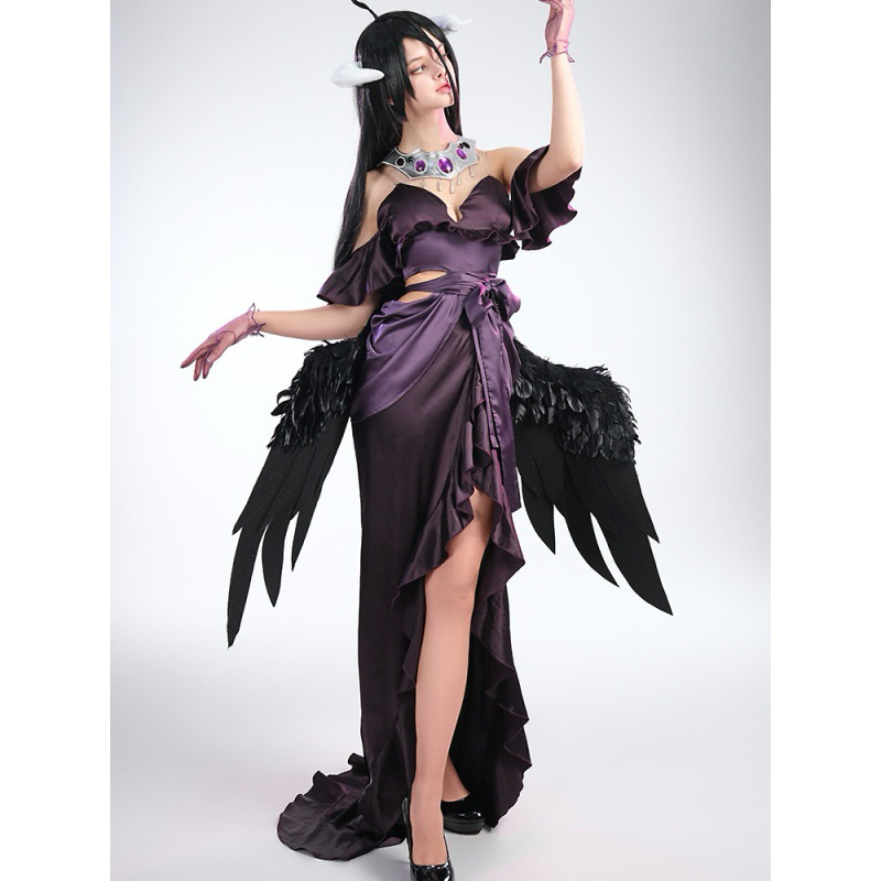 【Lolicos】Albedo Overlord Cosplay Costume Fullset Wig Anime Dress Albedo Black Purple Kostum Set