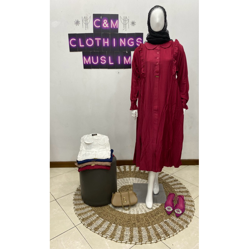 Midi Dress Gamis Linen Premium Polos Kancing Tengah