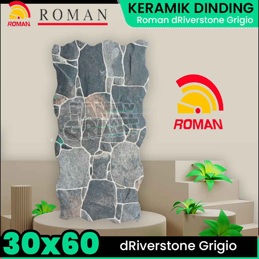 Keramik Dinding 30x60 Roman dRiverstone Grigio Motif Batu Alam Interlock Style Kasar Timbul