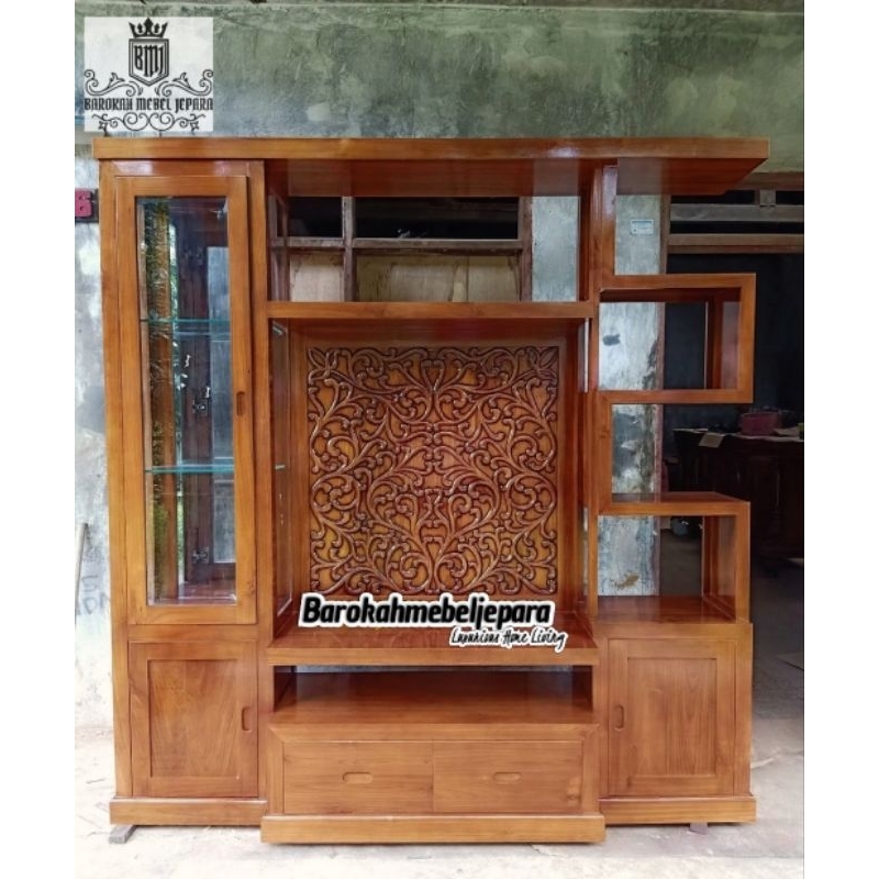 Partisi kayu jati grade A , Buffet TV partisi , backdrop TV jati , konsol TV , partisi ukiran minima