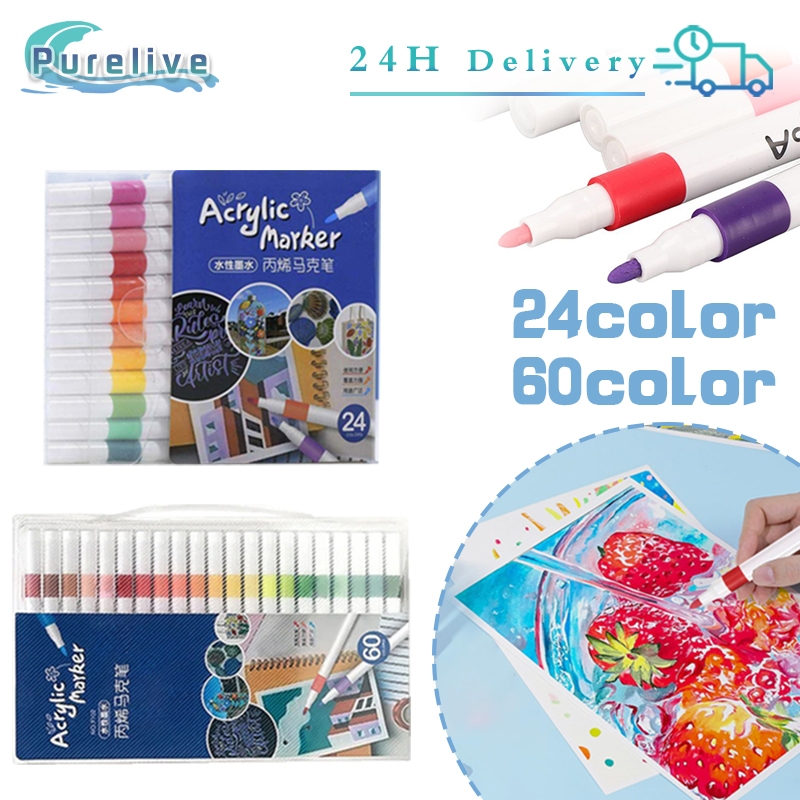 

24/60 Warna Spidol Acrylic Pen Acrylic Marker Pen Set DIY Painting Tahan Air Pulpen Warna