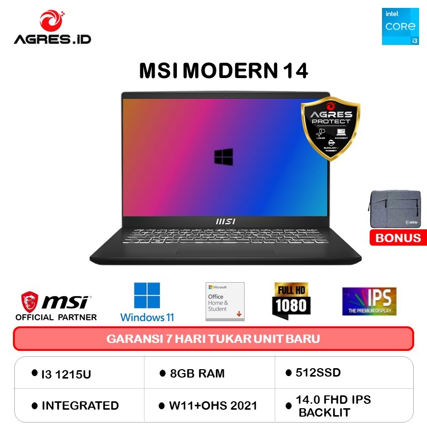 MSI MODERN 14 I3 1215U 8GB 512GB W11+OHS 14.0FHD IPS BLIT 2Y SLV -C12MO.1059