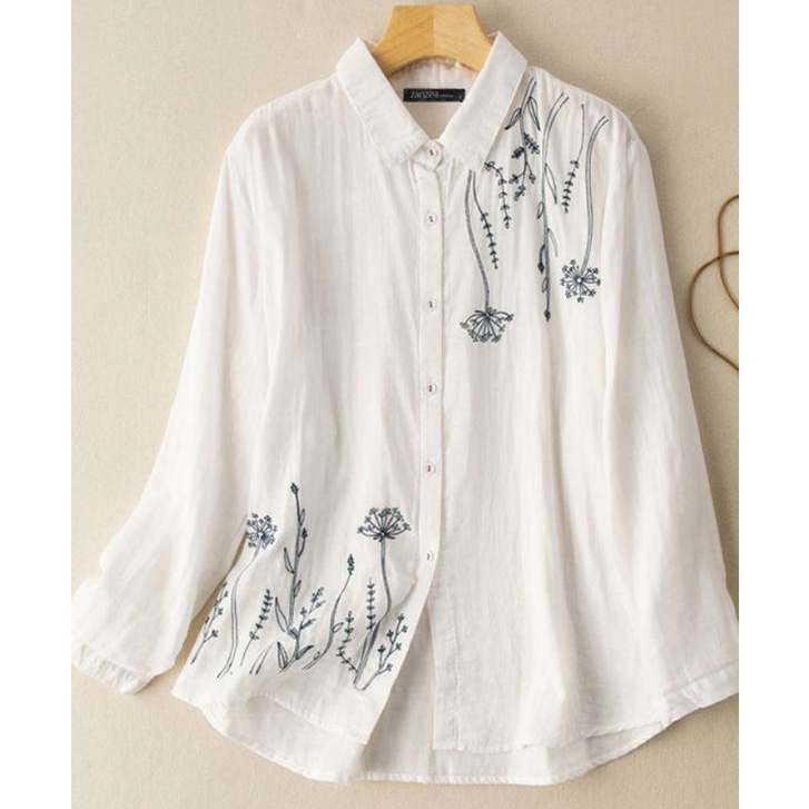 Baju Kemeja Blouse Blus Atasan Putih Wanita Lengan Panjang Bordir Clasik Korean Style