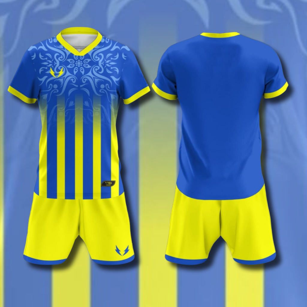 SETELAN JERSEY DEWASA SIXA APPAREL BIRU GARI KUNING JERSEY BOLA JERSEY FUTSAL