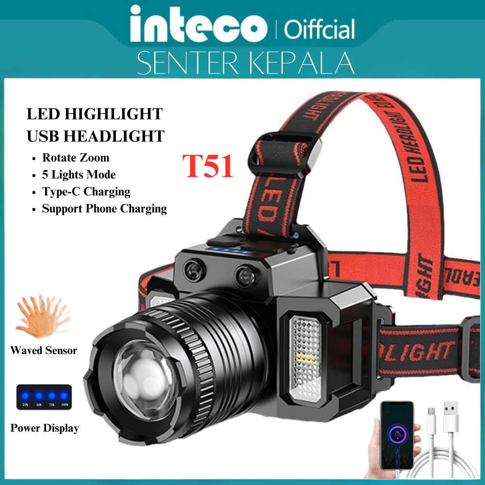 Lampu Kepala LED Headlamp F-T51 Sensor Gerak Glare 5 Mode Cahaya Senter Kepala Outdoor Rechargeable